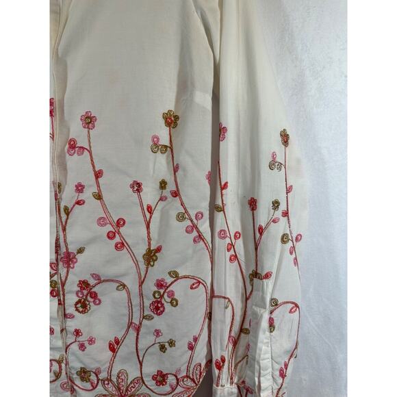 Johnny Cotton Womens Shirt S Button Up Colorful Embroidered White Floral LS D25 - Picture 2 of 6